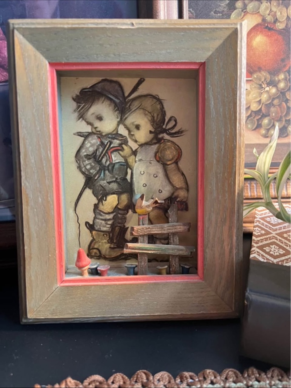 Framed Vintage-Hummel style Children Art Print in Natural Wood